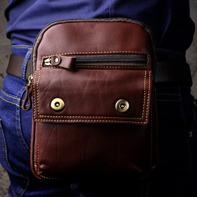 

Genuine Leather Small Messenger Shoulder Bags Cell/Mobile Phone Case Bag High Quality Oil Wax Cowhide Men Hip Fanny Waist Pack