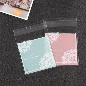 

500PCS Pink Blue Floral Lace Cookie Cellophane Bags Birthday Plastic Biscuit Bags Candy Packing Self Adhesive Bags OPP Bag 7x7cm