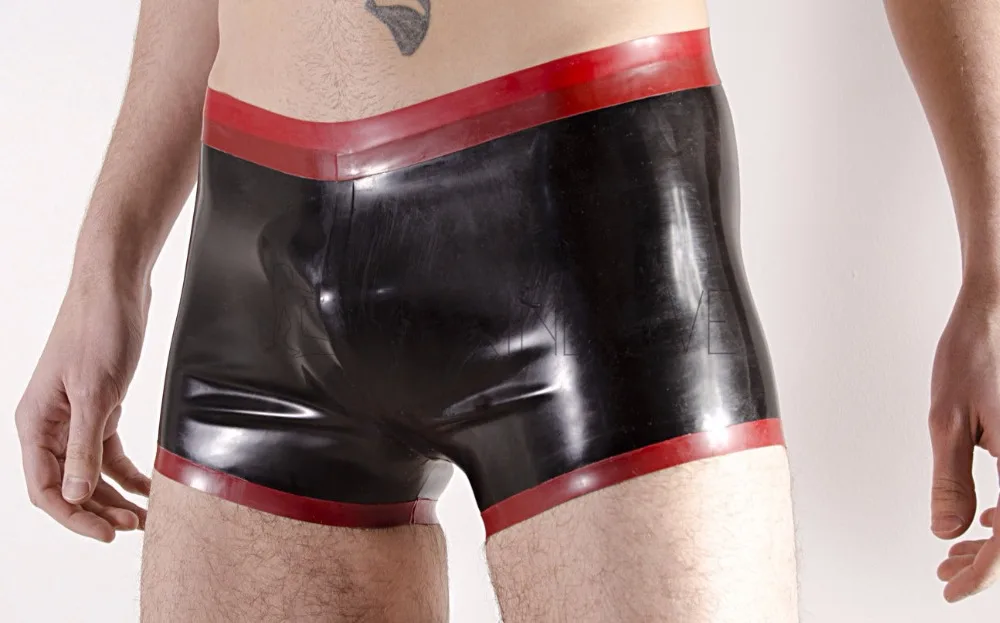 Сексуальные черные резиновые шорты мужские латексные боксеры шорты с красным поясом и отделкой по краям