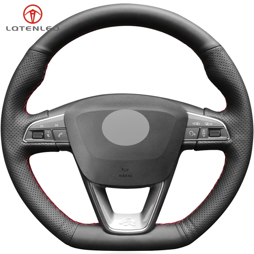 

LQTENLEO Black Genuine Leather Car Steering Wheel Cover For Seat Leon Cupra R Leon ST Cupra Leon ST Cupra Ateca Cupra Ateca FR