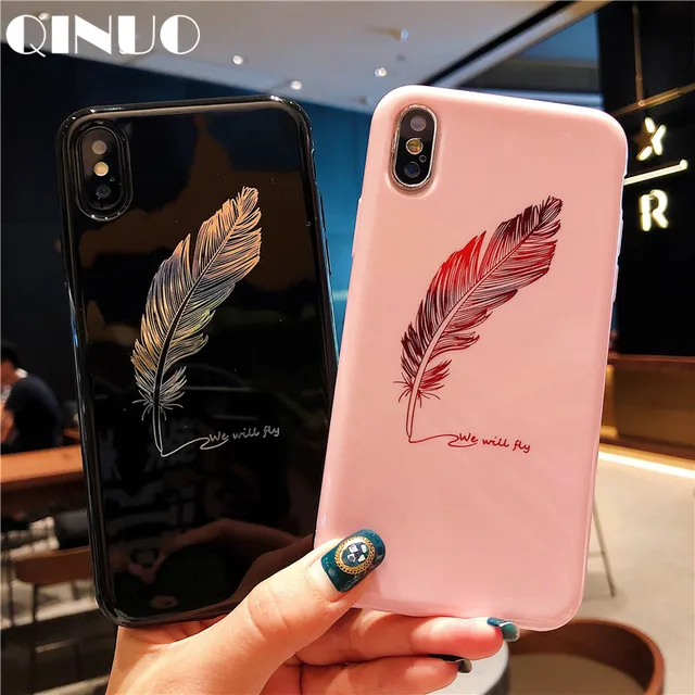 Best Offers QINUO Luxury Feather Case For iPhone 6 6s 7 X Fashion Cute Glossy Soft Silicone Case For iPhone 7 8 Plus Back Covers Funda Capa