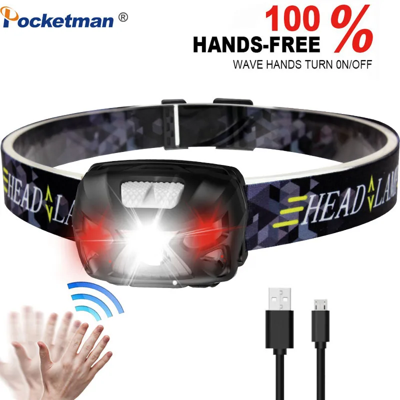 

5000LM Ultra Bright USB Rechargeable LED Headlamp Motion Sensor Head lamp Built-in battery Lightweight Adjustable Headlight