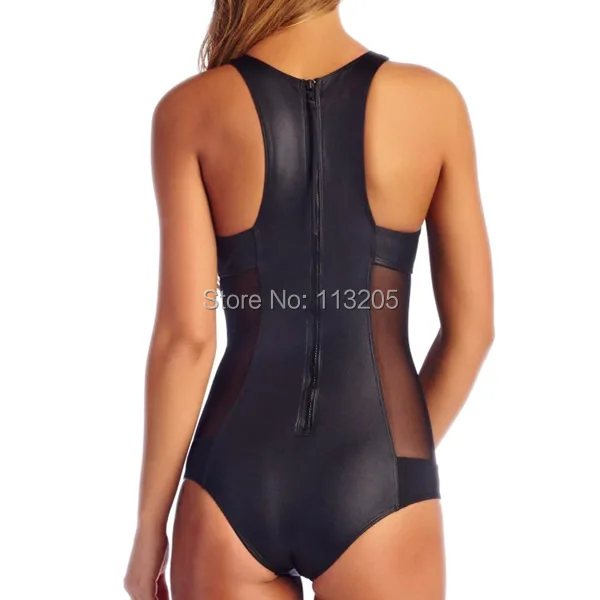 Женский купальник из полиэстера черный с высокой горловиной сетчатый на молнии