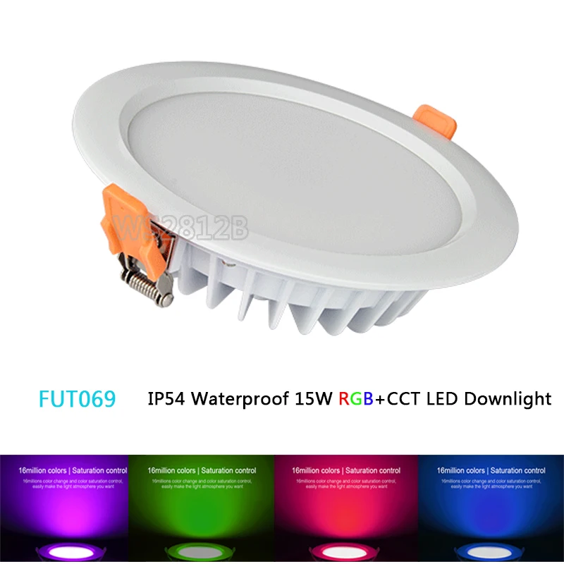

FUT069 Miboxer 15W IP54 Waterproof RGB+CCT LED Downlight Dimmable AC86-265V Round Reccessed Light 2.4G B8 FUT092 remote