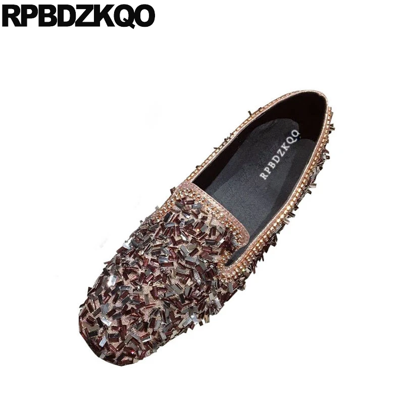 

square toe flats women diamond autumn spring bling sequins single shoes glitter pink rhinestone crystal loafers china dress drop