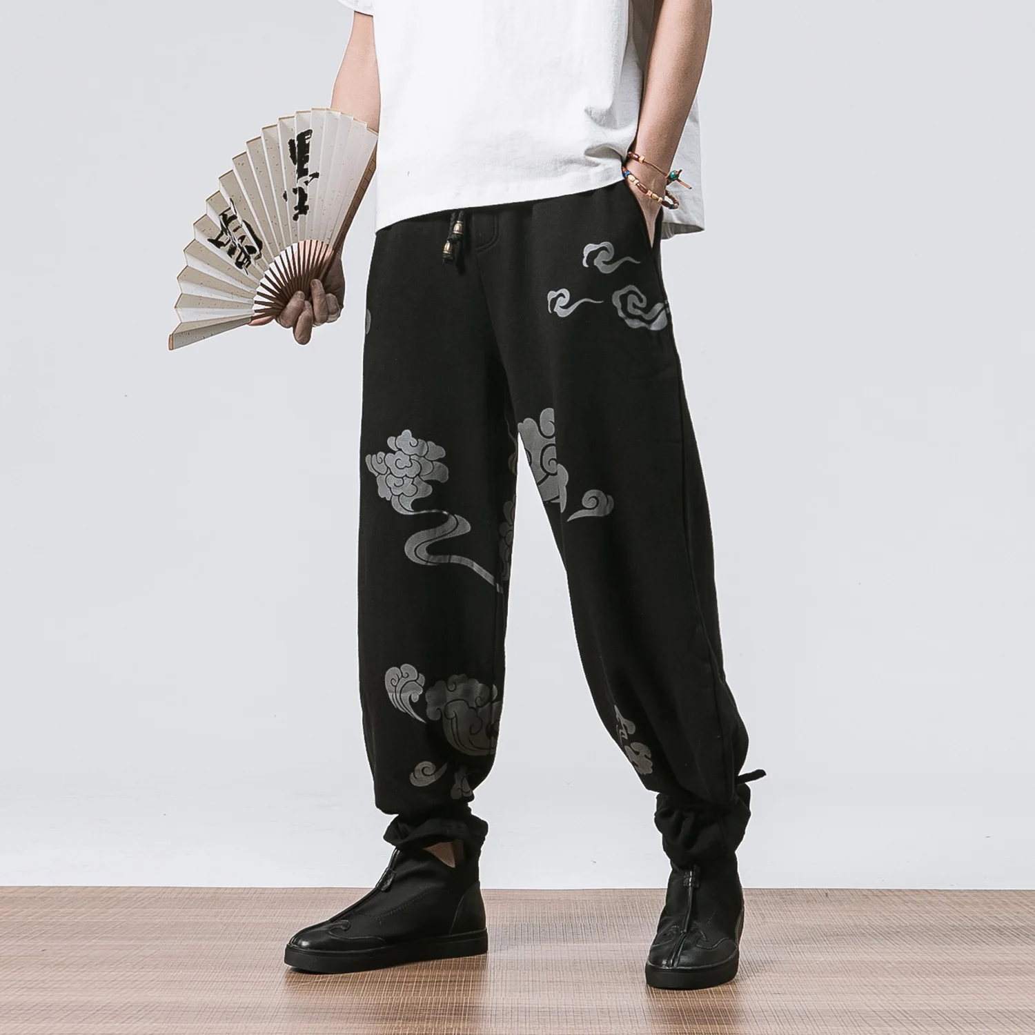 MOUTEN Mens Baggy Stylish Chinese Style Linen Elastic Waist Harem Long Pants