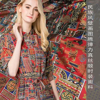 

140cm wide 19mm 95% natural silk 5% spandex fresco totem print silk elastic stain fabric for summer skirt shirt dress cloth