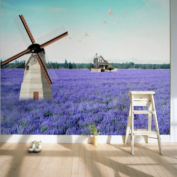 

Wholesale 3d wall photo mural vinyl wallpaper with windmill and lavender for wedding room purple flower 3d wall mural fresco