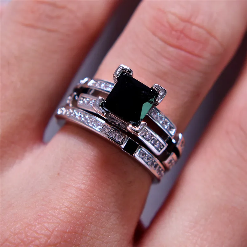 

Male Female Black Stone Ring Set Love Zircon Ring Fashion 925 Silver Filled Jewelry Promise Engagement Rings For Men And Women