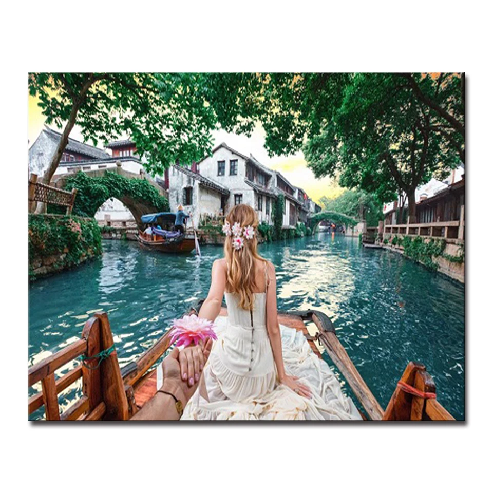

Framework Art Pictures Abstract Girl Canvas DIY Oil Painting By Numbers Lake Modular Fashion Home Decoration For Living Room