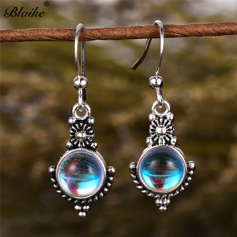 

Blaike Female Chic Round Colorful Rainbow Stone Drop Earrings Vintage 925 Sterling Silver Filled Birthday Jewelry Boho Earring