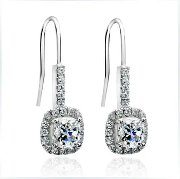 

2CT Princess Halo Earrings NSCD Lovely Diamond Dangle Earrings For Women Enagagment Sterling Silver Jewelry 18K Gold Plated