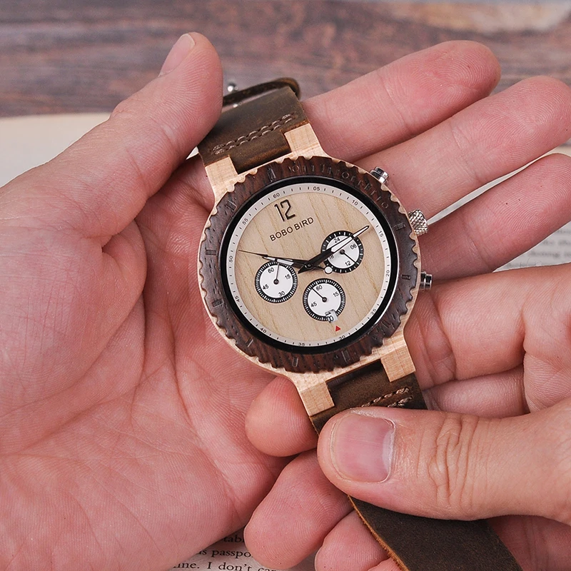 BOBO BIRD Two-tone Wooden Watches for Men Engraved Leather Chronograph Watch with Date Display relojes hombre 2018