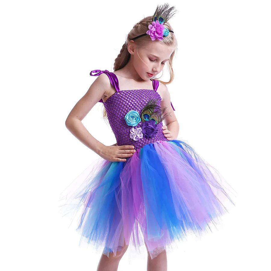 Kids Peacock Feather Halloween Purim Tutu Dress with Hair Hoop Flowers (11)