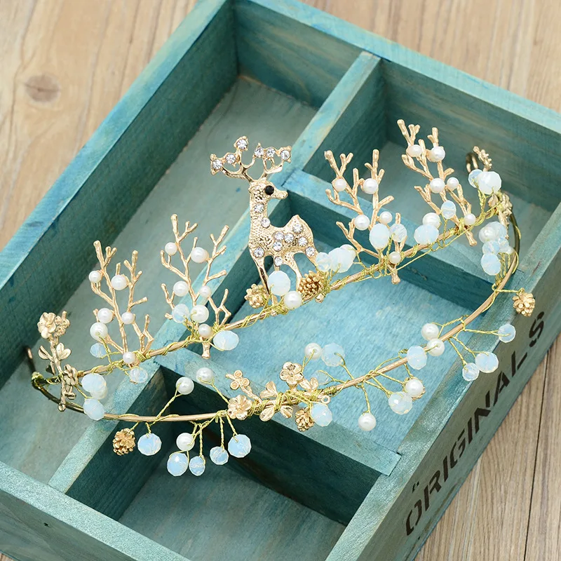 

Handmade Deer Bridal Crown Tiaras Birthday Wedding Junior Headbands Bride's Headpieces Cake Crown Decoration Christmas Crown
