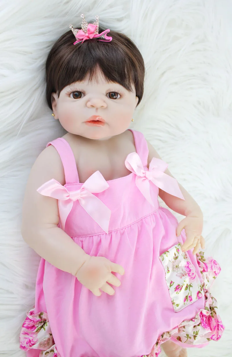 55 см полный силиконовые Reborn Baby Doll Игрушки мягкие виниловые новорожденных принцесса коричневые волосы Девочка Младенцы Bebe, живой купать