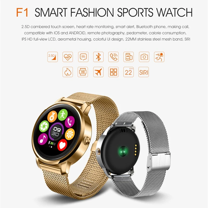 

GOLDENSPIKE New F1 Bluetooth Smart Watch MTK2502 with Heart Rate Monitor for Android IOS Phone update v360 support Korean Hebrew