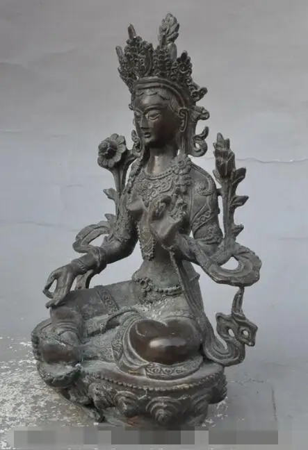 

S6489 9" old tibet buddhism fane bronze Green Tara goddess kwanyin bodhisattva statue D0317
