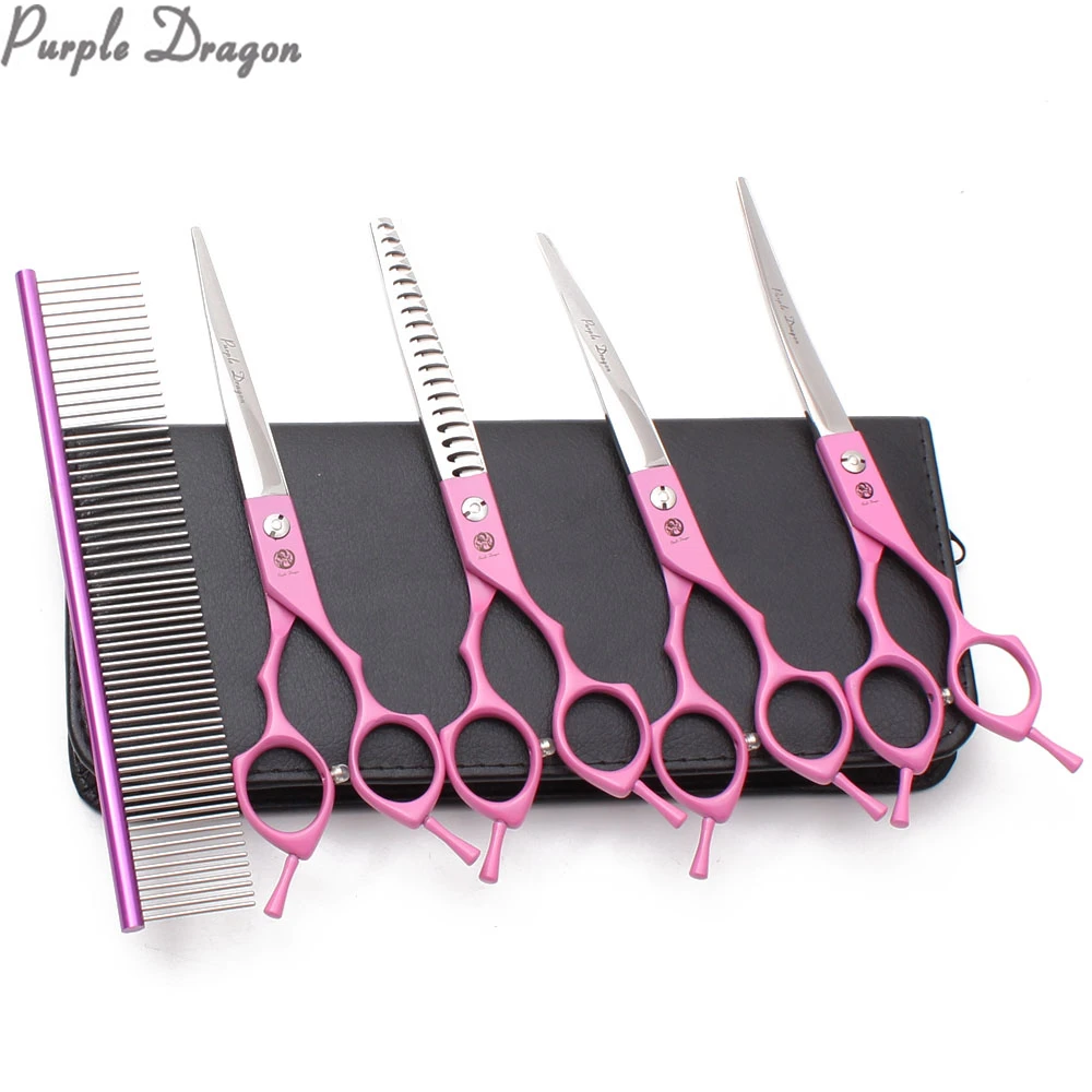 

6.5" 7" 440C Pink Dog Grooming Kit Straight Scissors Thinning Shears Curved Shears Animal Shears Professional Pet Scissors Z3009