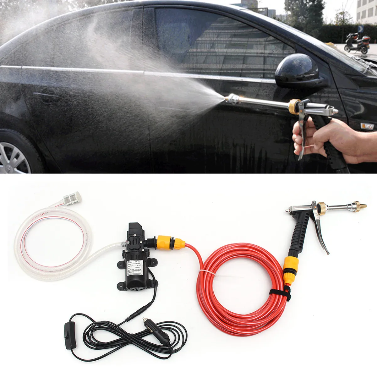 

12V 60W Electric Car Wash Pump Water Cleaner Washer Pressure Sprayer Tool Kit Garden Lawn Hose Watering Gu n Sprayer Car Cleanin