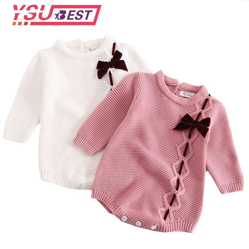 New Baby Knitted Clothes Autumn Baby Bodysuits Knit Infant Girls Clothing Bow Bodysuits Girls