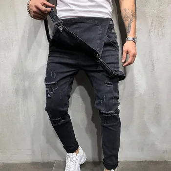 

Newly Men Denim Jumpsuits Vintage Solid Color Holes Casual Bib Overalls DO99