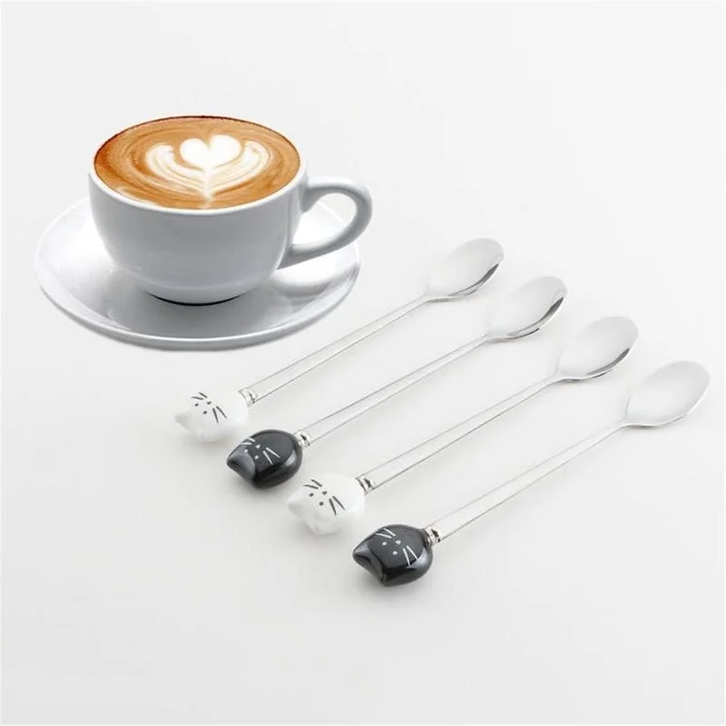 1PC Cat Ceramic Spoons Stainless Steel Cartoon Ice Cream Sugar Tea Dessert Spoon