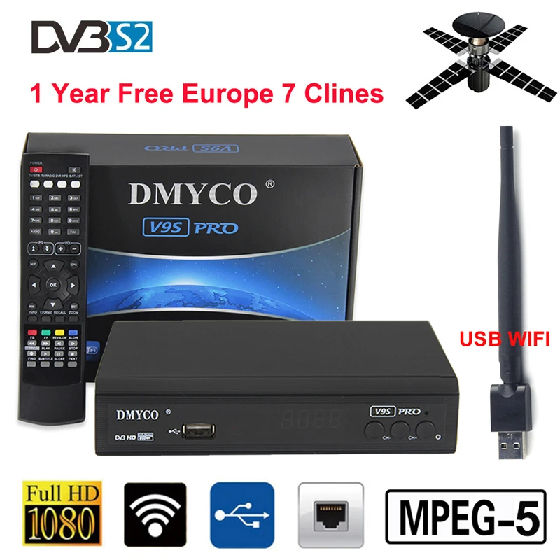 Receptor V9S Pro DVB-S2 HD FTA Satellite TV Receiver With 1 Year Europe 7 Clines + USB WIFI MPEG-5 PVR Free Satellite TV decoder Receptor V9S Pro DVB-S2 HD FTA Satellite TV Receiver With 1 Year Europe 7 Clines + USB WIFI MPEG-5 PVR Free Satellite TV decoder