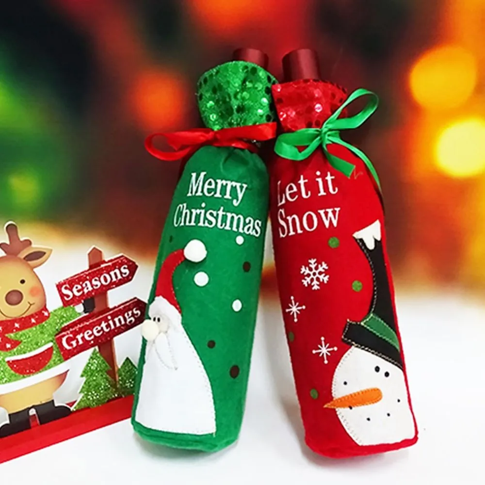 Рождество крышку бутылки мешок с блестками вышитые снеговик/Санта Клаус для обеденного стола Декор