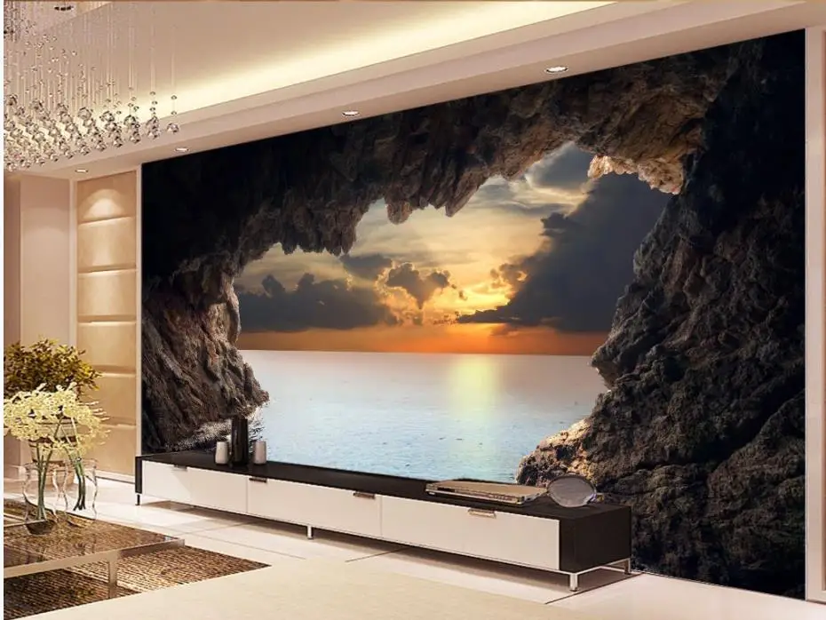 

Cave seascape sunrise background wall painting wallpaper for walls 3 d for living room