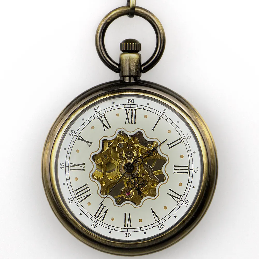 

Brand Steampunk Skeleton Transparent Open Face Roman Numerals Hand Wind Mechanical Pocket Watch FOB Chain
