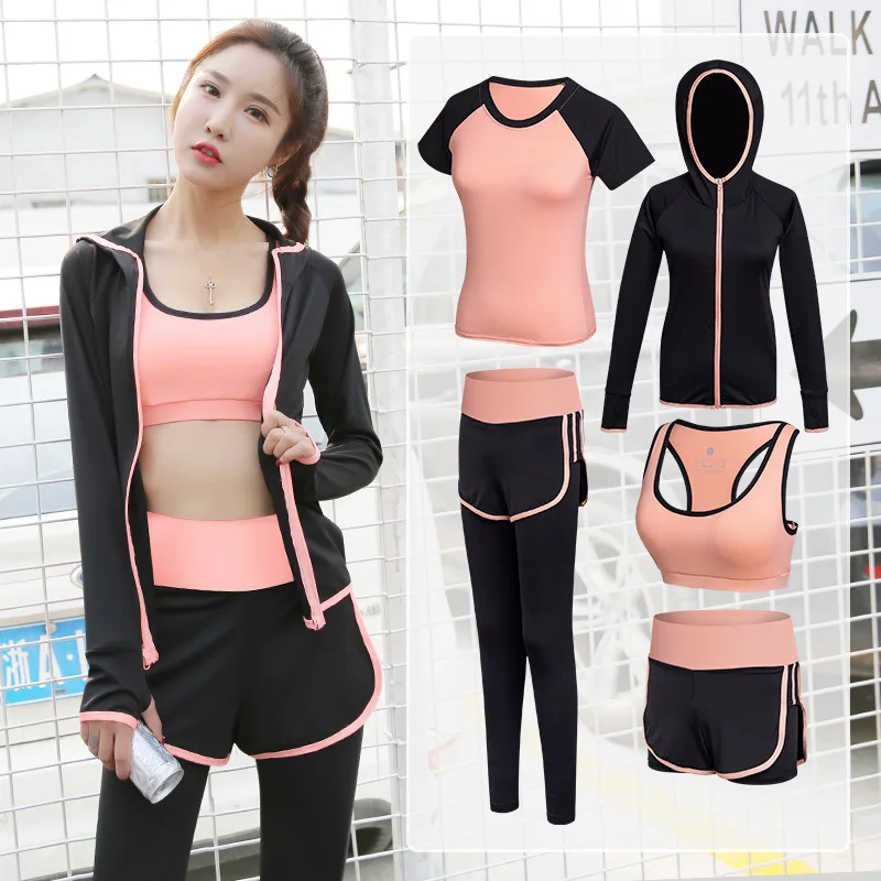 

5 pcs Women T-Shirt Vest Tops Sport Yoga Bra Set For Running Fitness Pants Short Sleeve Shorts Pant Gym Training Set Suit