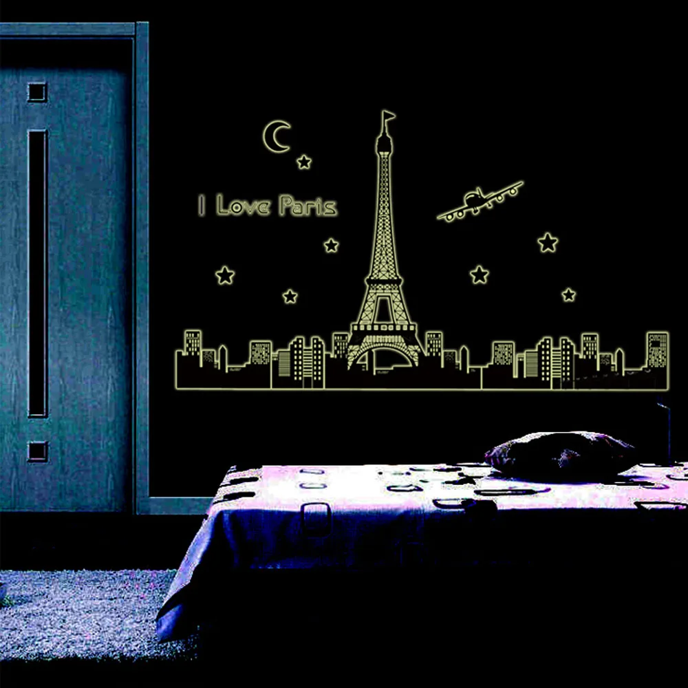 Ночное небо Эйфелева башня Луна Звезда город здание вид Париж фосфоресцирующие DIY Настенные обои наклейки художественный Декор Фреска номер Наклейка
