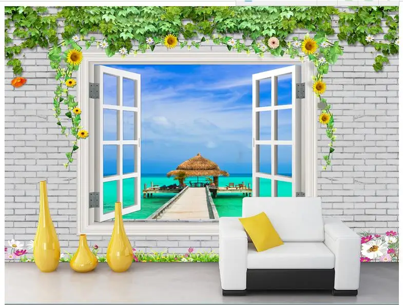 

3d wallpaper custom 3d murals wallpaper Pastoral scenery Wall brick wall outside the window the sea beauty wallpaper background