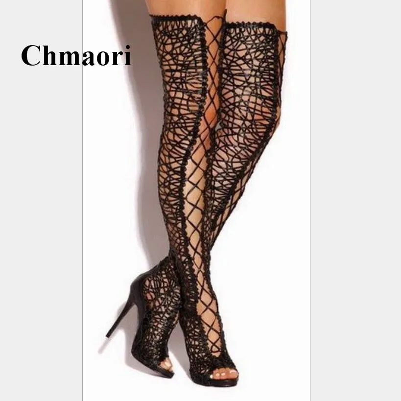 

2018 Newest Sexy Lace Cross-tied Peep toe Thin High Heel Fashion Long Tube Over-The-Knee Women Boots Summer Shoes Boots