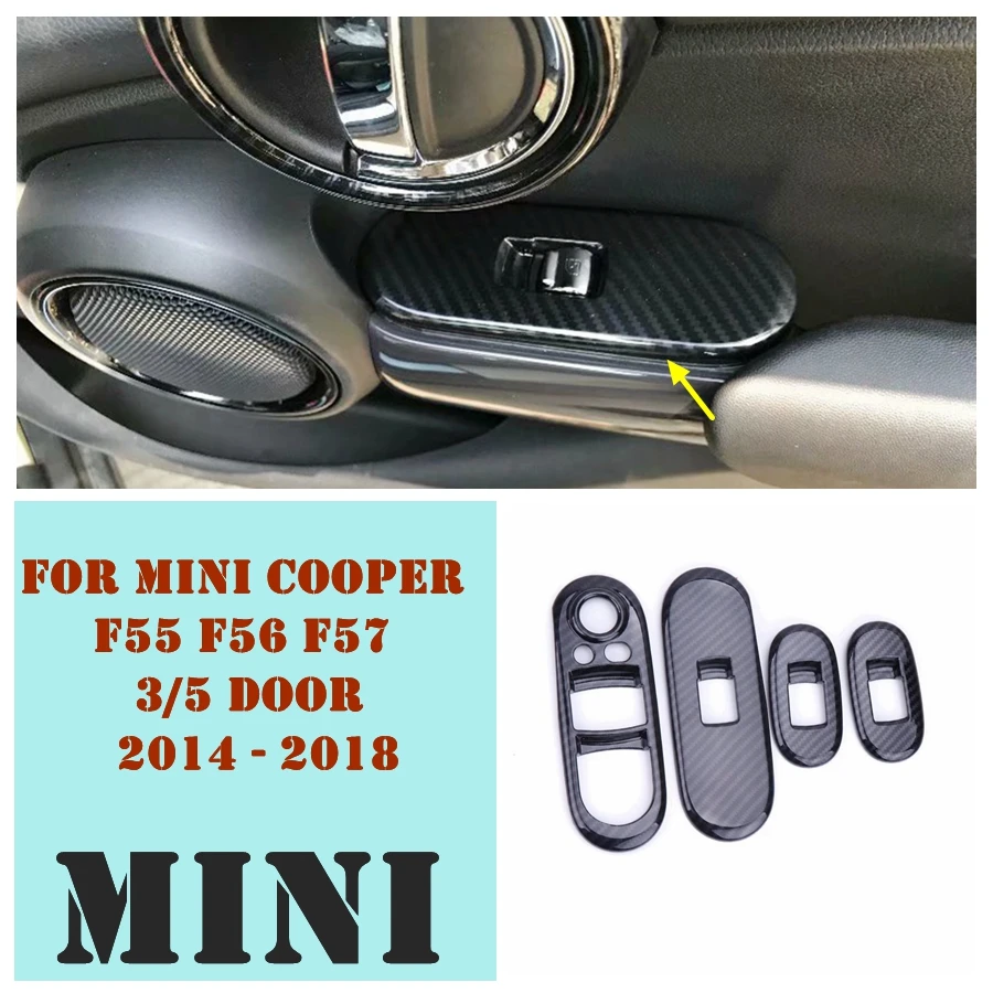 

For Mini Cooper F55 F56 F57 2014 2015 - 2017 2018 Carbon Fiber Inner Car Door Armrest Window Lift Button Molding Cover Kit Trim