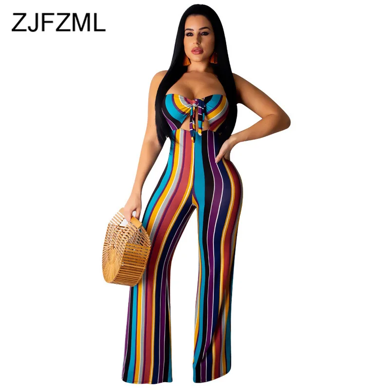 

Rainbow Striped Rompers Womens Jumpsuit Sexy Off The Shoulder Backless Wide Leg Romper Summer Bow Tie Cut Out One Piece Overalls
