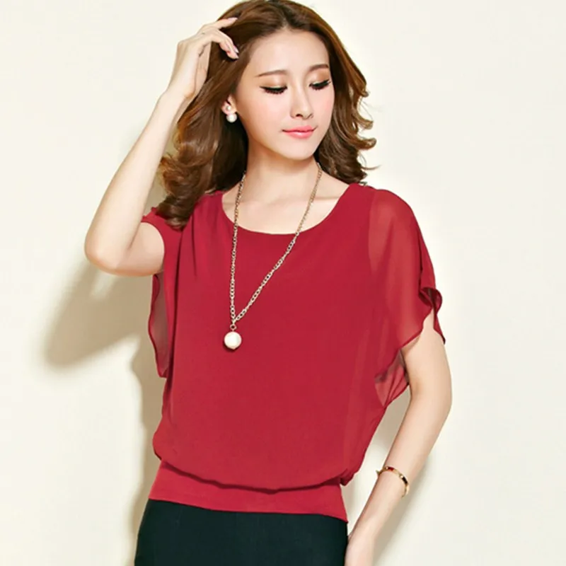 Fashion slim solid color ladies tops batwing short sleeve women chiffon blouse large size women