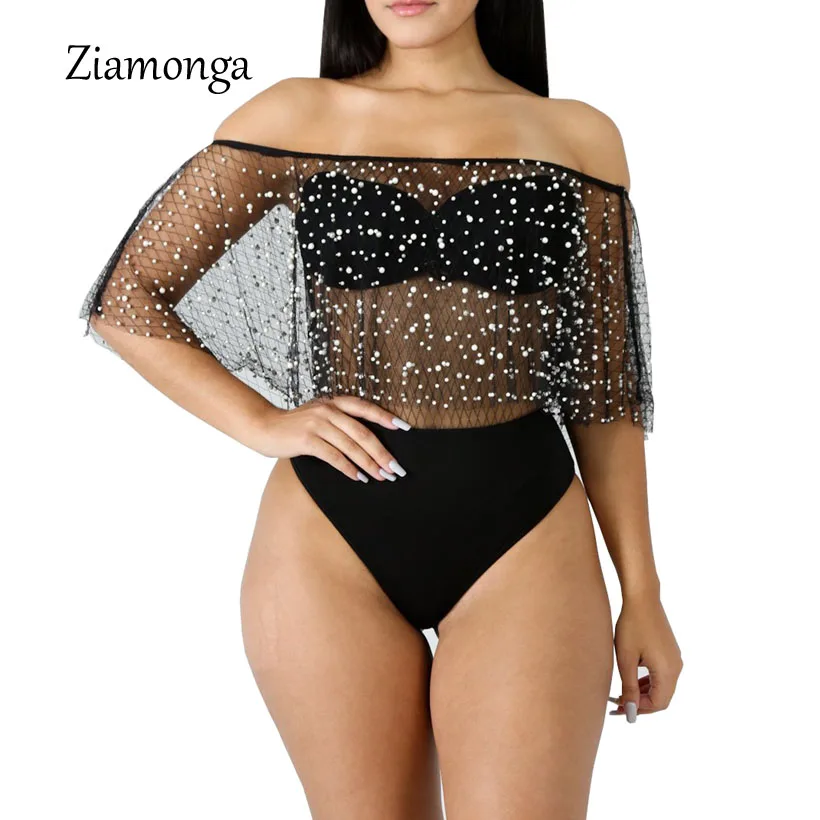 Ziamonga жемчужина сетки рюшами сексуальное боди женского Off Shoulder Lace Bodysuit Для женщин уличная мода летний топ Для женщин облегающий костюм