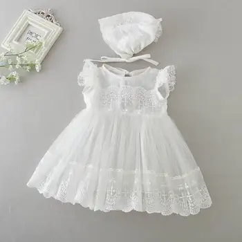 

Retail 2018 Summer New Thin White Newborn Baby Girl Christening Gown First Birthday Princess Bow Baptism Dress+Hat 9769BB
