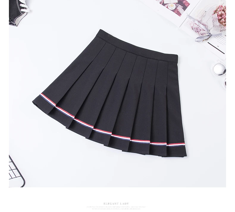 

Spring Summer Punk elastic waist pleated mini skirt Women stripe Black and white red and blue Sweet Half-length Trousers Skirt