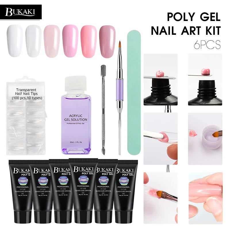 

BUKAKI 11 Pcs/set Poly Gel Nail Extension Set Uv Builder Gel Liquid Slip Solution Nail Art Brush Gel Varnish Manicure Tools Kit