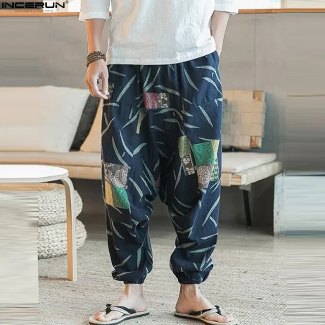 2018 Ethnic Retro Men Cross-Pants Wide Leg Linen Harem Pants Men Elastic Waist Loose HipHop Crotch Pants Man Joggers Trousers