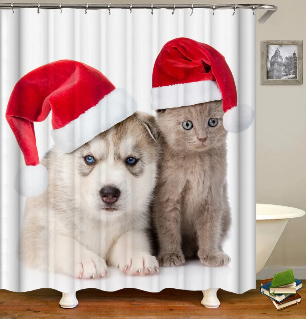 

Dog cat christmas hat print Shower Curtains Waterproof Polyester Fabric Bath Screen Curtain for Home Decoration Bathroom Curtain