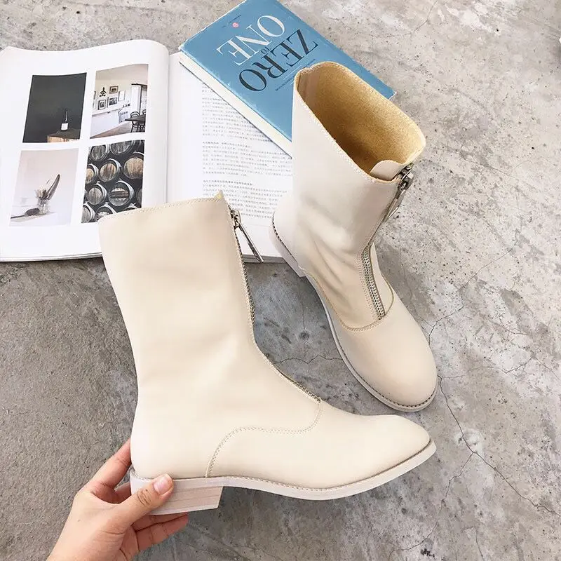

2019 Autumn Festival New Single Front Front Zipper Women's Boots Net Red Short Boots Flat White Martin Boots