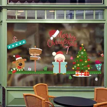 Merry christmas decoration tree santa claus deer window wall sticker shop store gift wall decals 3d through wall poster deer 3d wall sticker