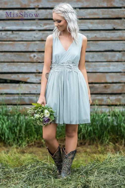 Шифоновая короткая с v-образным вырезом Платья для подружек невесты с аппликацией Коралл невесты платья 2018 спинки гостей свадьбы платье