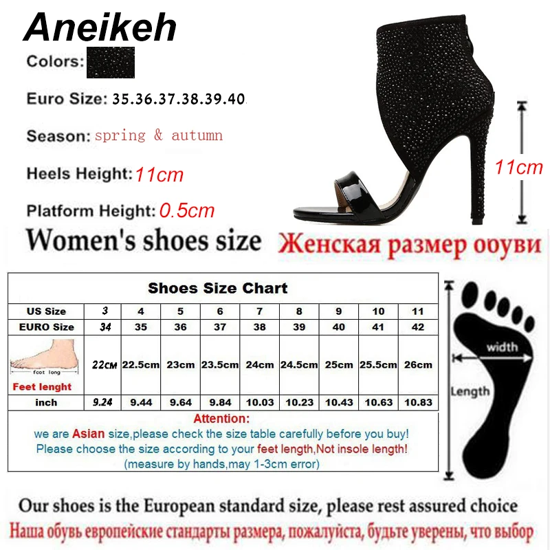 Aneikeh/Для женщин модные роскошные шикарные черные стразы ботильоны Обёрточная бумага в стиле «Гладиатор»; тонкий каблук с украшением в виде кристаллов босоножки на высоком каблуке