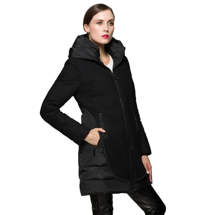 

High Quality Fashion 2018 European Women Winter Duck Down Parkas Coat Brand Black Worsted Patchwork Zipper Hooded Parka Jacket