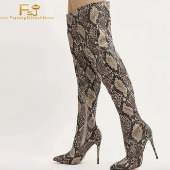 

FSJ Classic Winter Plush Python Snake Print Ladies Zippers Pointed Toe Long Boots Stiletto Heels Over Thigh High Booties Shoes